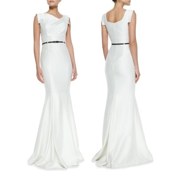 White Asymmetric-Neck Mermaid Gown - Picture 14 of 14